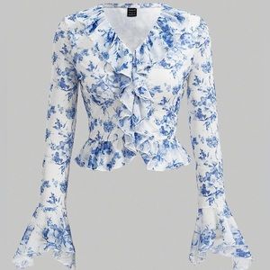 Floral printed ruffle trim top